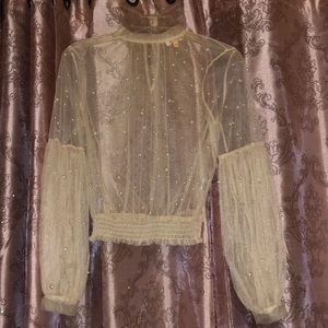 Mesh nude pearl puff sleeve turtleneck top